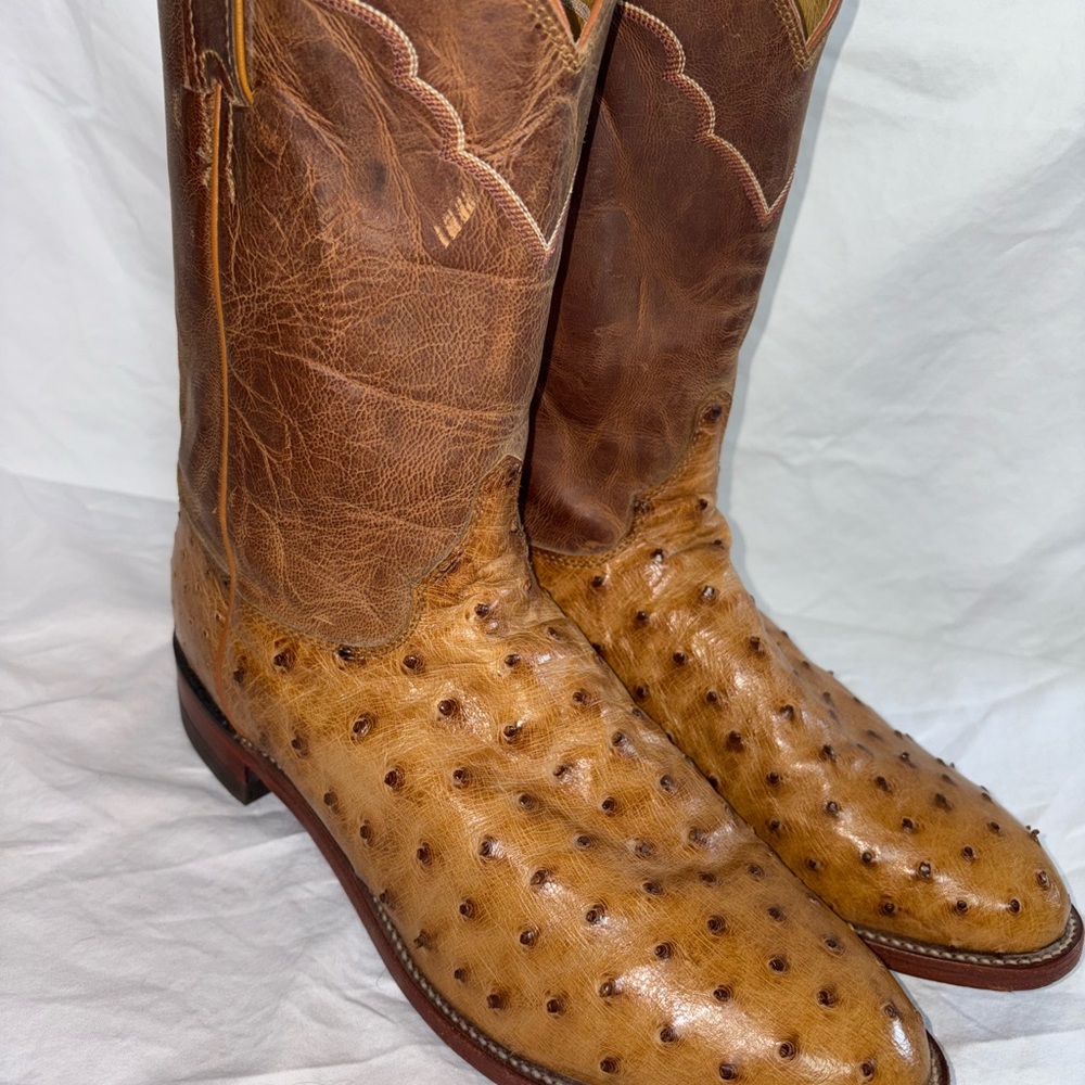 Justin Boots Tan and Brown Ostrich Western Boots - Picture 5 of 14